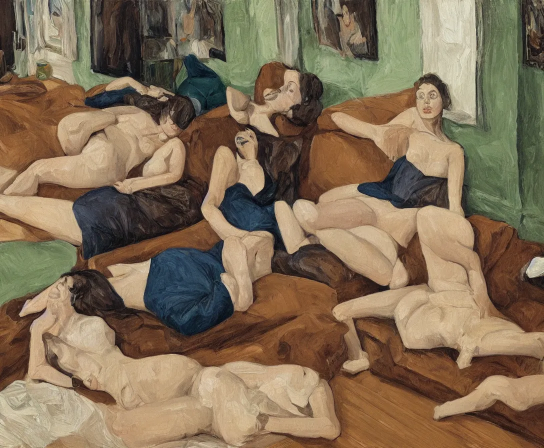 Image similar to portrait of two women lying horizontal, in an empty old english apartment with wooden floor on a brown leather sofa. one is wearing a dark blue sweather, the other a white shirt. brown hair, they are looking into the camera. wide shot. in the style of lucien freud. oil painting. green mood. isometric perspective