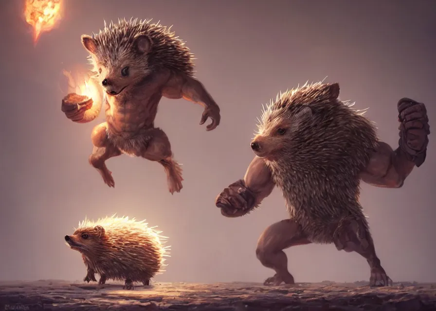 Prompt: muscular anthropomorphic hedgehog, buff hedgehog standing up, fantasy character art by Greg Rutkowski, HD render 4k