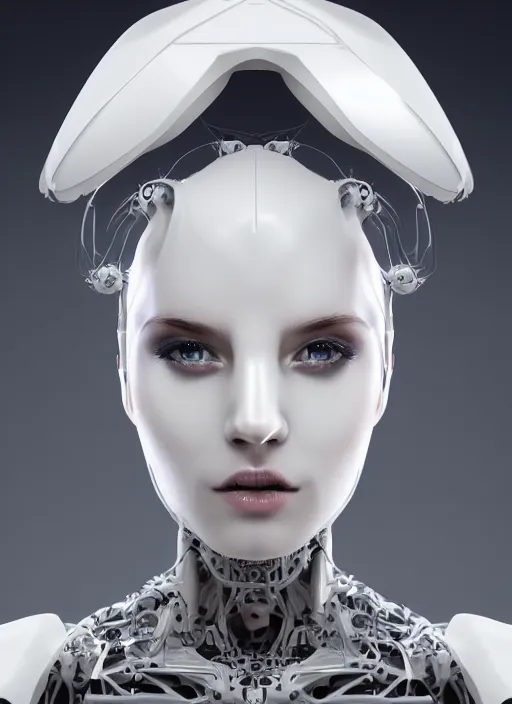 Prompt: a white cast futuristic biomechanical humanoid woman with pretty face, porcelain skin, ornate headpiece, futuristic digital painting, cyberpunk, 8 k,