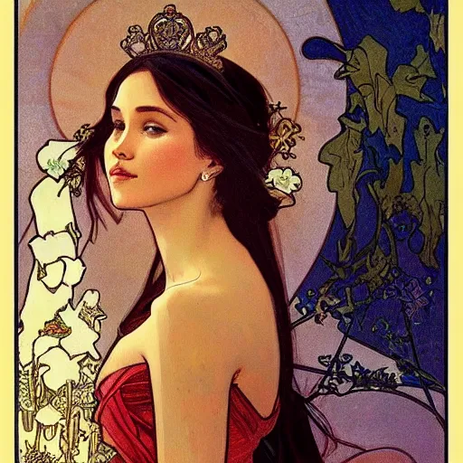 Image similar to megan markle portrait by louis - theophile hingre and alphonse mucha, realistic, sharp focus, zodiac signs, tarot cards, planets, ethereal, art nouveau, magic, moon, sun, crown, dreamy, royal, jewellery