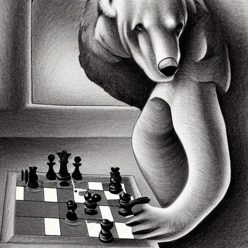 Prompt: bear playing chess against a peacock, drawing by mc escher, hyper realistic, realistic drawing, 8 k