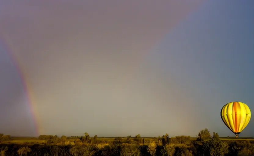 Prompt: hot air balloon flying through a double rainbow, oh the places you'll go by dr seuss