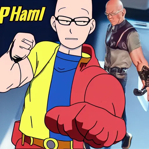 Image similar to Hank hill, one punch man, arm wrestling