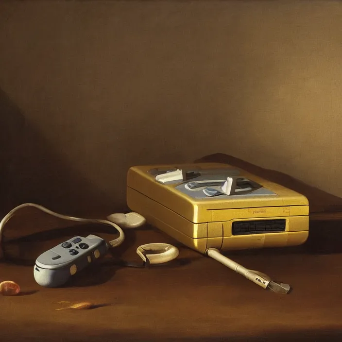 Prompt: still life painting of a nintendo 6 4 by pieter claesz, oil on canvas, strong lighting, highly detailed, hyper realism, golden hour, god rays, hd, 4 k