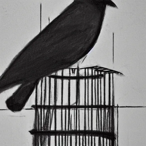 Image similar to an abstract rough charcoal sketch of a bird in a bird in a cage, black and white