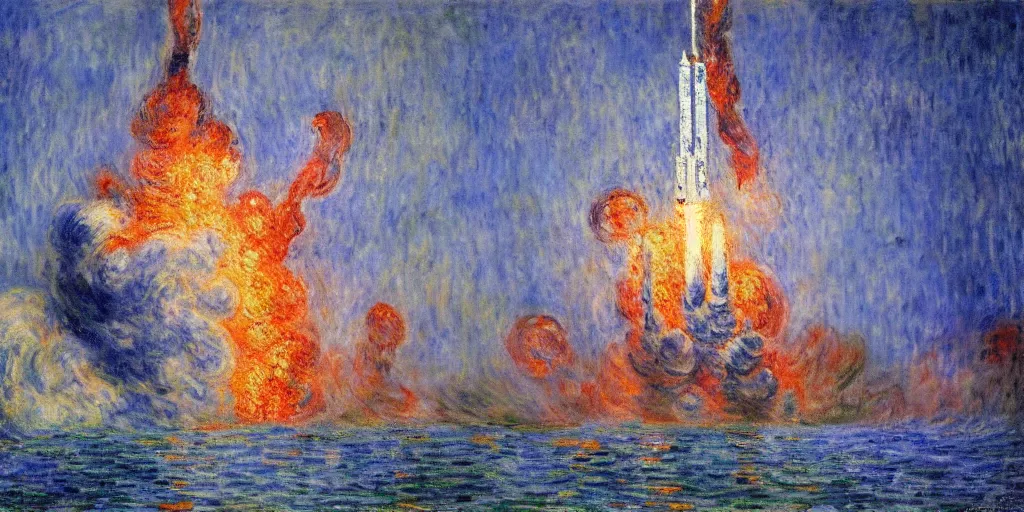 Prompt: a monet painting of godzilla destroying the international space station