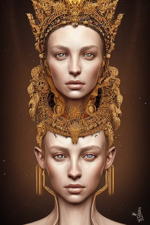 Prompt: portrait of a ancient queen, perfect symmetrical pose, beautiful eyes, perfect face, sharp, by irakli nadar with intricate detailed wearing golden intricate dress, by leesha hannigan, iris van herpen, artstation, cgsociety, wlop, epic, wow factor, much detail, gorgeous, detailed, masterpiece