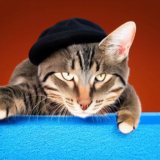 Image similar to cat sat on a mat wearing a hat and holding a bat detailed, smooth, sharp focus