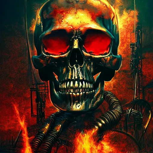 Image similar to terminator skull on flaming town background, acrilic paint, digital, artstation, detailed intricate ink illustration, heavenly atmosphere, digital art, overdetailed art, concept art, complementing colors, trending on artstation, cgstudio, the most beautiful image ever created, dramatic, subtle, details, award winning artwork, beautiful scenery