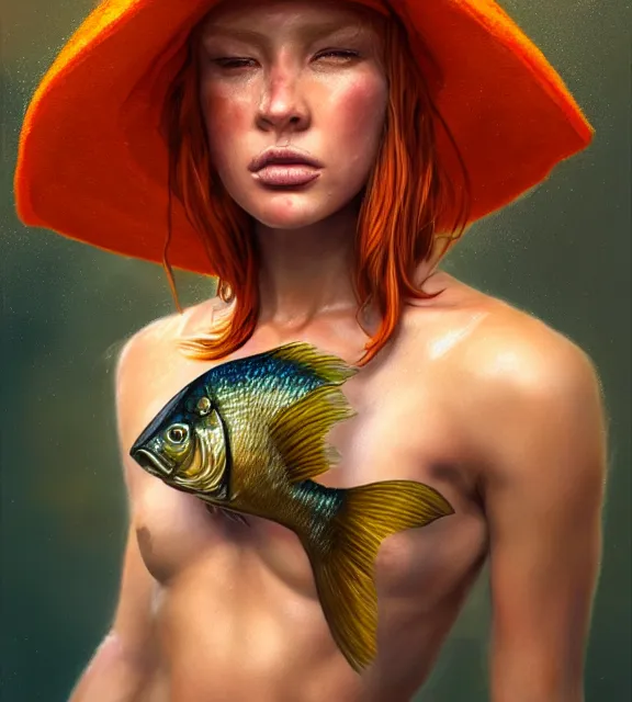 Prompt: muscular female fisherman holding giant fish, perfect face, bucket hat, orange halter top, ginger hair, abs, cinematic, blush, stunning, athletic, strong, agile, highly detailed, psychedelic, digital painting, artstation, smooth, hard focus, illustration, art by jessica rossier and and brian froud