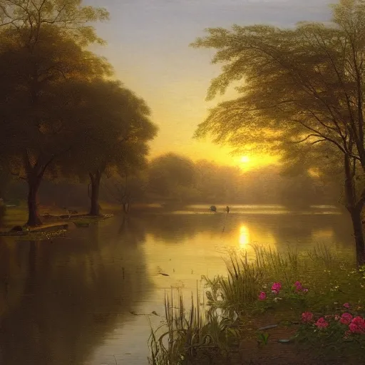 Image similar to a painting of a duck pond at sunset, surrounded by flower bushes, a detailed matte painting by Robert S. Duncanson, deviantart, hudson river school, terragen, trending on artstation