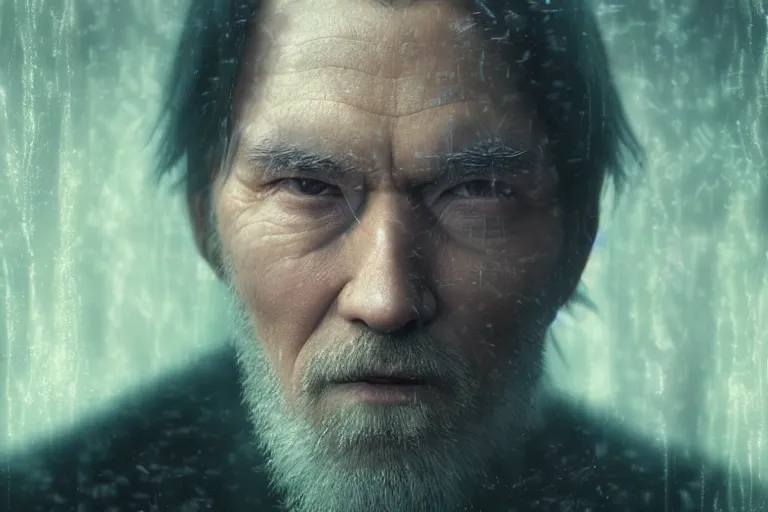 Image similar to an ultra realistic cinematic close up headshot portrait of an evil wizard, background of a vast serene landscape with trees and rivers in the matrix, matrix code, detailed, deep focus, movie still, dramatic lighting, ray tracing, by michal karcz and ryoji ikeda