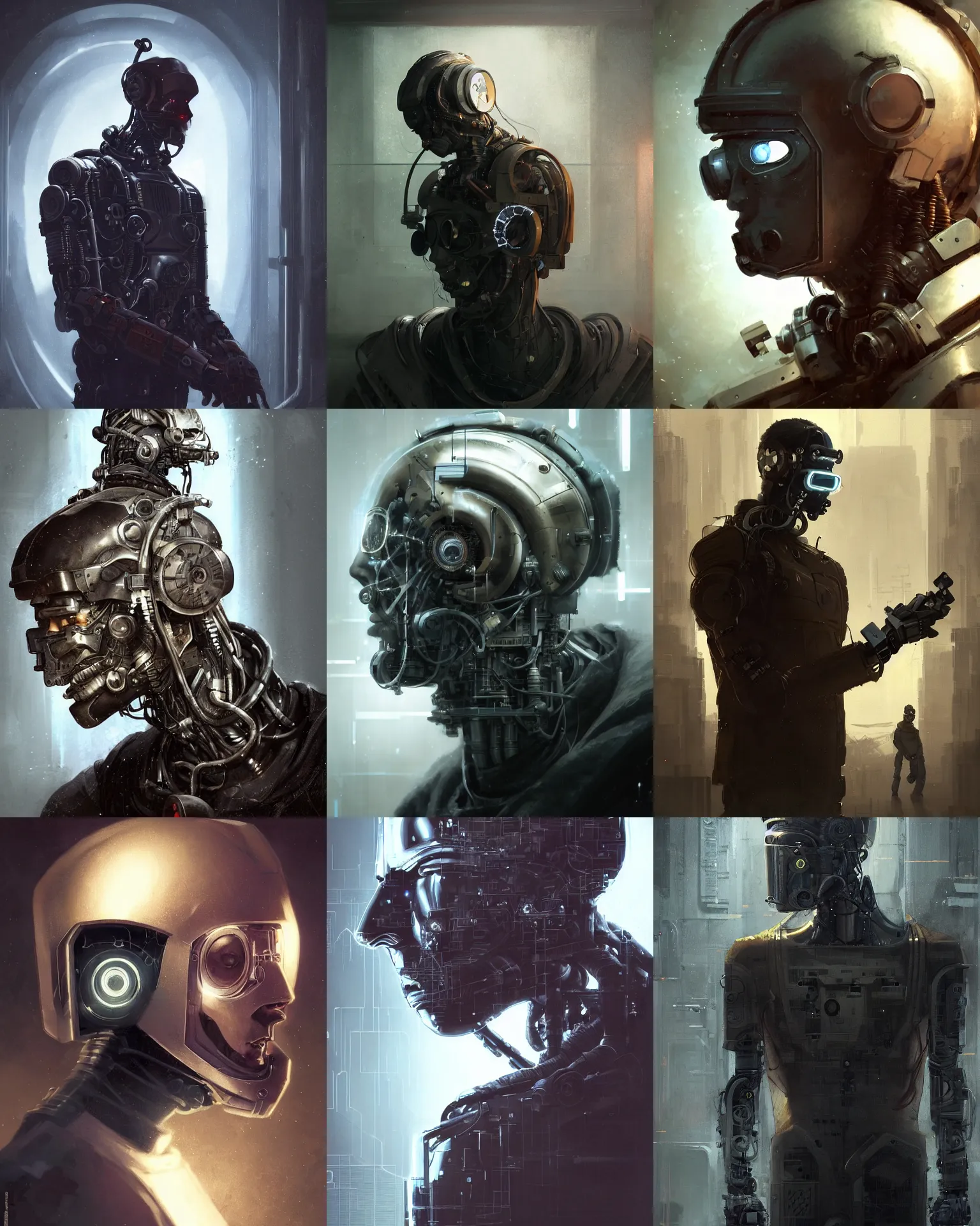 Prompt: a half - masked curious young laboratory engineer man with cybernetic enhancements as seen from a distance, scifi character portrait by greg rutkowski, esuthio, craig mullins, 1 / 4 headshot, cinematic lighting, dystopian scifi gear, gloomy, profile picture, mechanical, half robot, implants, steampunk