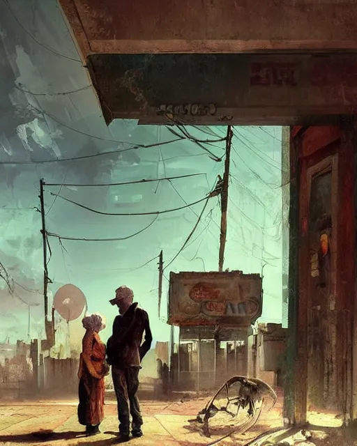 Image similar to a highly detailed epic cinematic concept art CG render digital painting artwork: old dead couple at a decayed gas station surrounded by dark figures. triadic color scheme, By Greg Rutkowski, in the style of Francis Bacon and Syd Mead and Edward Hopper and Norman Rockwell and Beksinski, open ceiling, highly detailed, painted by Francis Bacon, painted by James Gilleard, surrealism, airbrush, Ilya Kuvshinov, WLOP, Stanley Artgerm, very coherent, art by Takato Yamamoto and James Jean