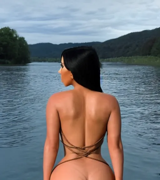 Image similar to rear waist photo still of kim kardashian wearing a tightly fitted thong, standing by a lake, intricate, elegant, highly detailed, smooth, sharp focus.