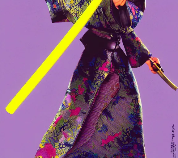 Image similar to breathtaking detailed pattern pastel colors, cinematic action scene from kill bill, with uma thurman in yellow kimono, swinging katana sword by hsiao - ron cheng and tarantino, exquisite detail, enhanced eye detail