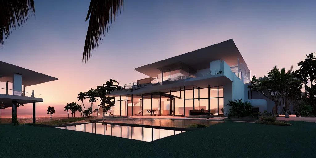 Prompt: modern house in a tropical setting, a view of the beach, sunset, photorealism, beautiful, cinematic dramatic atmosphere, volumetric cinematic perfect light, detailed octane render trending on artstation, 8 k, by chris hytha and jag studio