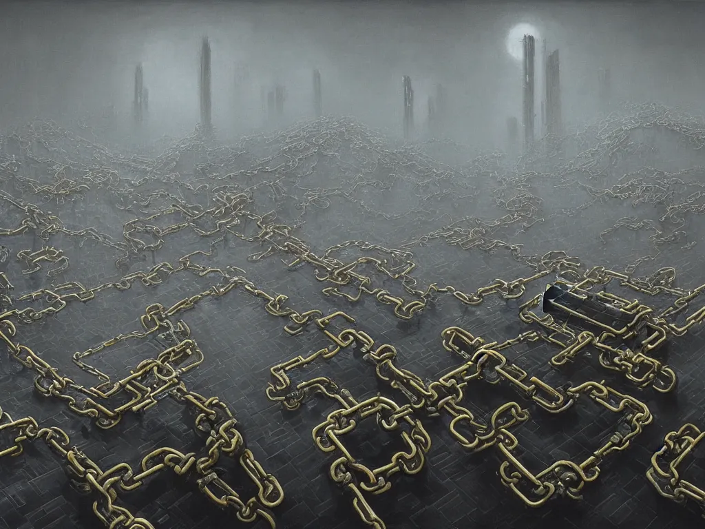 Prompt: A beautiful hyper realistic detailed painting of a chain of blocks, a cybernetic symbiosis of 2 gigantic tall skyscaper sized quantum computers and a block espresso machine on a vast black granite, monolithic blocks connected by gold and silver and brass cables and chains, by Beksinski, beeple, unreal engine, vivid color hues
