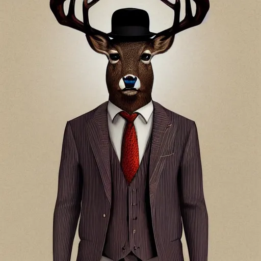 Image similar to a upper body portrait of a deer in a pinstriped suit and pants wearing a fedora with the antlers sticking out of the fedora by artgerm and wlop, intricate detail, digital art, photorealistic, trending on artstation