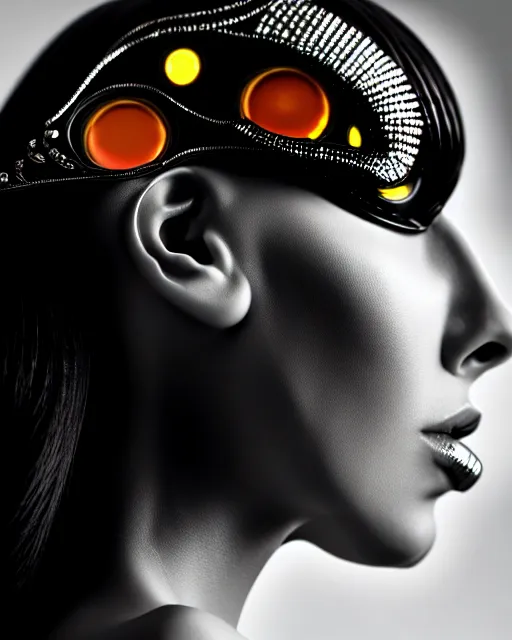 Image similar to a profile portrait, a stunning young woman - cyborg with a mutant crow head, editorial photography, bw, shot on 7 0 mm, depth of field, f / 2. 8, high contrast, 1 6 k, volumetric lighting, shiny, insanely detailed and intricate, hypermaximalist, elegant, ornate, hyper realistic, super detailed