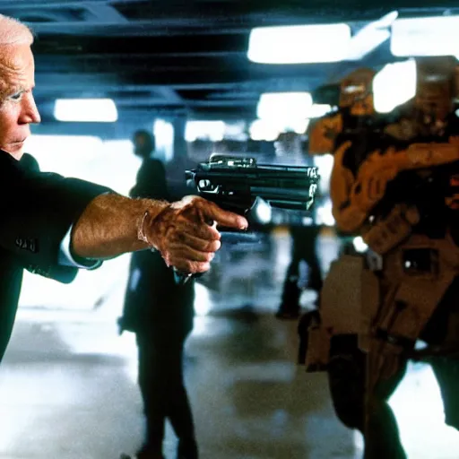 Prompt: joe biden is a terminator shooting donald trump, cinematic, establishing shot, extremly high detail, photorealistic, cinematic lighting, style by James Gurney