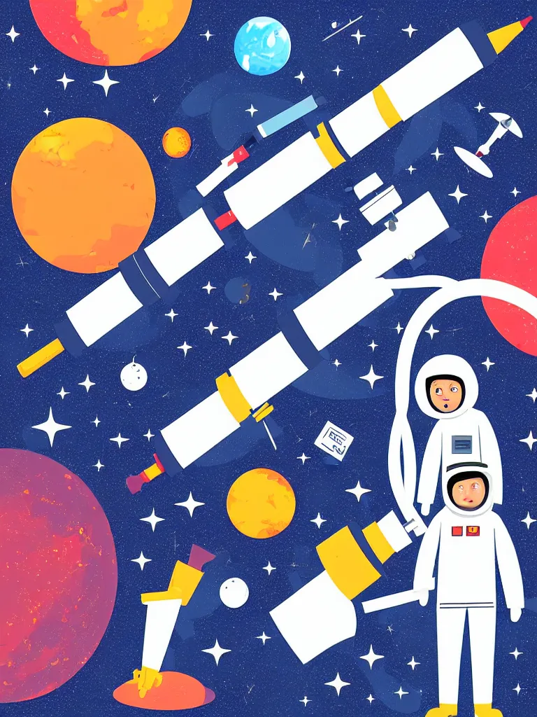 Prompt: editorial illustration scientific lab test tube telescope microscope astronaut, colorful modern, mads berg