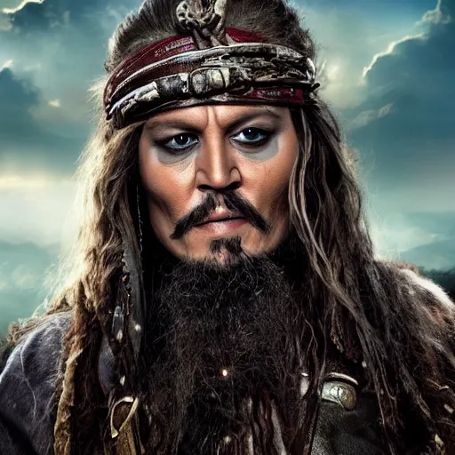 Image similar to stunning awe inspiring johnny depp as dwarf in a fantasy film, movie still 8 k hdr atmospheric lighting