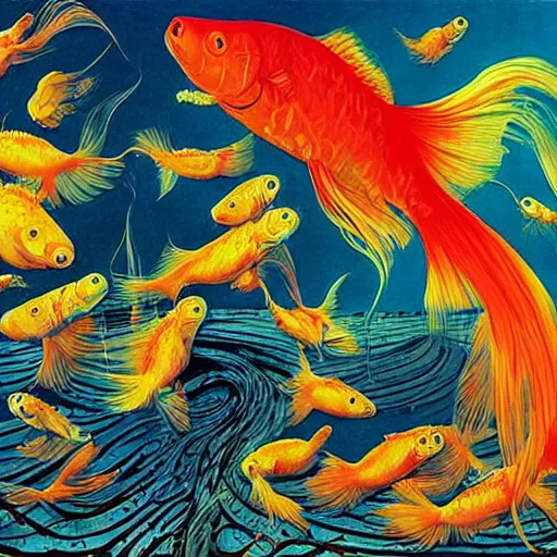 Image similar to goldfish tearing the fabric of reality by gerald brom and andy warhol