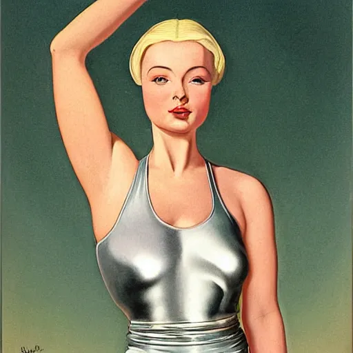 Prompt: beautiful Whitley Streiber Roswell grey alien female babe in a tight fitting silver metallic bikini spacesuit, , big pear-shaped head, green skinned, big black almond shaped alien eyes by Mort Kunstler and Gil Elvgren