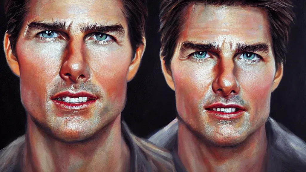 Prompt: A portrait painting of Tom Cruise; the most beautiul painting in the world; trending on artstation; oil on canvas; correct face; correct eyes; anatomically correct; extraordinary masterpiece!!!!!!; 8k