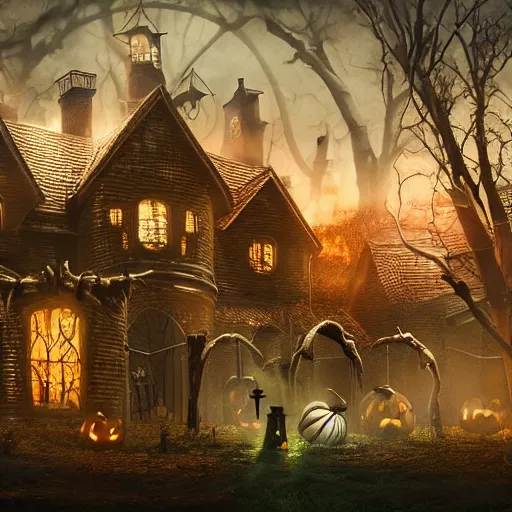 Prompt: spooky Halloween party, Fantasy Hyper detailed digital matte painting, concept art, hyperrealism, Cinema 4D, 8k resolution, 64 megapixels, coherent, bokeh, CGSociety, ZBrush Central, behance HD, hypermaximalist, a masterpiece, 4K
