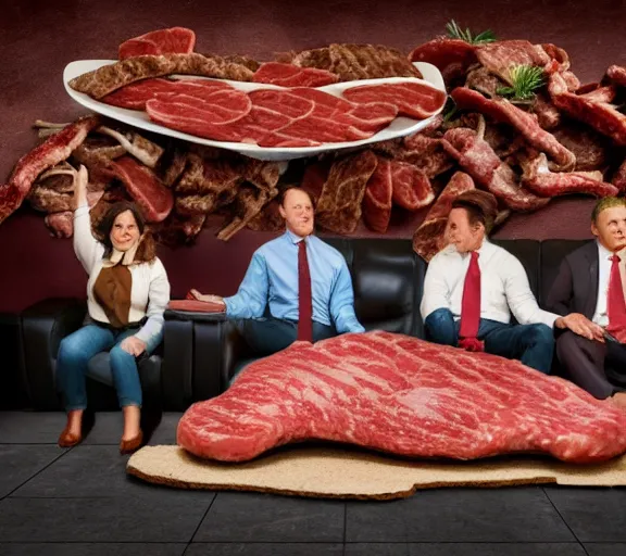 Image similar to realistic photograph of couch made out of meat, business men sitting on couch made out of meat and talking,