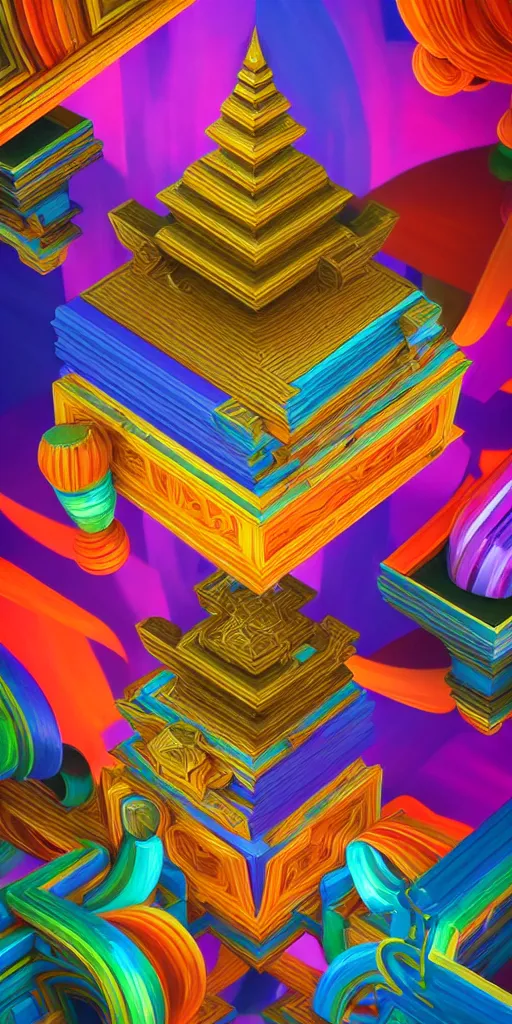 Prompt: a hyperdetailed acrylic painting of vibrant vectors forming impossible twelve dimensional shapes that transcend space and time, ambient occlusion, 3 d model, magical realism inspired by ancient architecture of thailand, trending on artstation, unreal engine 5, 8 k render, highest quality,