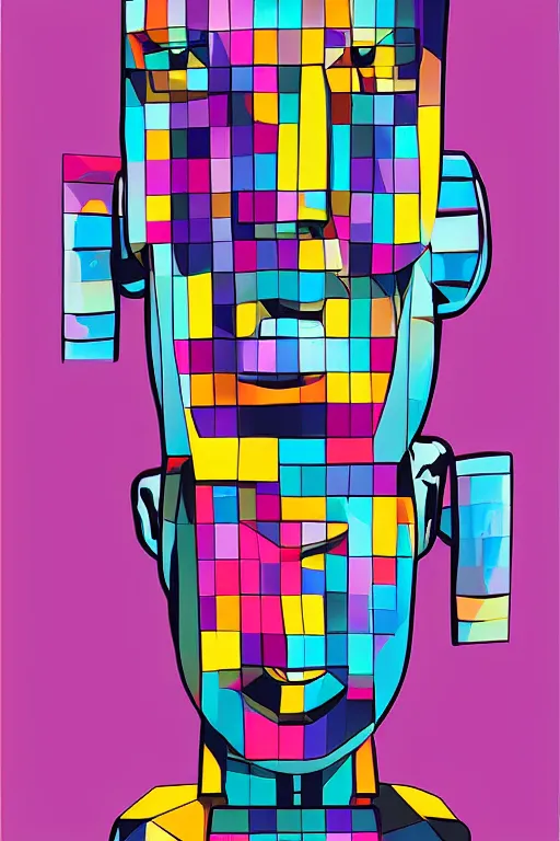 Image similar to cubist moai statue cutout digital illustration cartoon colorful beeple