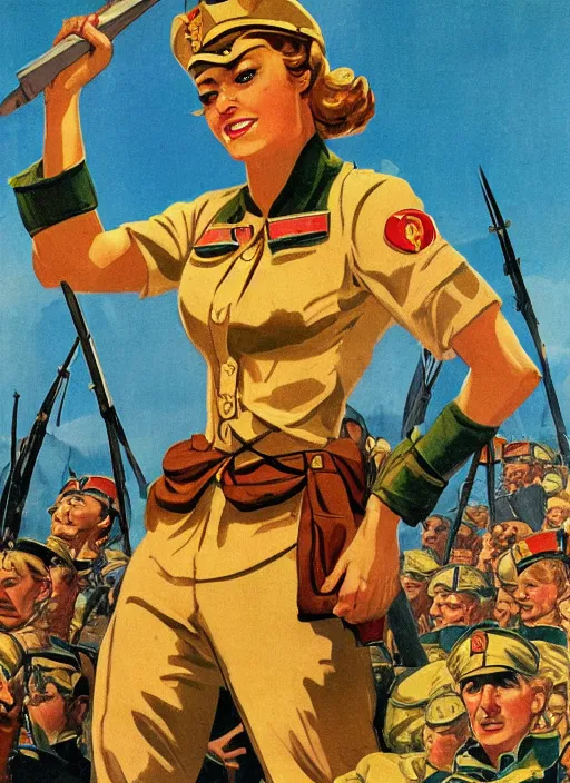 Image similar to beautiful female captain russia standing on a pile of defeated german soldiers. feminist captain russia wins wwii. soviet propaganda poster by james gurney