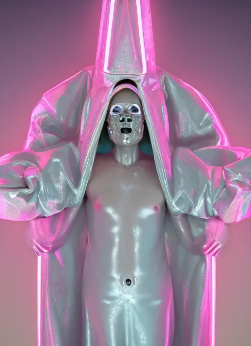 Image similar to photo of fullbodied baroque and bladerunner delicate neon diamond sculpture of seductive ceramic albino marble prince brian whittaker dotado mint iridescent humanoid deity wearing pink plastic trashbag hooded cloak holding diamond skull in a white alien dungeon, reclining, glowing magenta face, crown of white diamonds, cinematic lighting, photorealistic, octane render 8 k depth of field 3 d