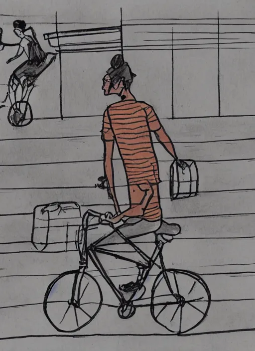 Image similar to drawing of a atlanta urban outfitters style riding a bike going to the beach