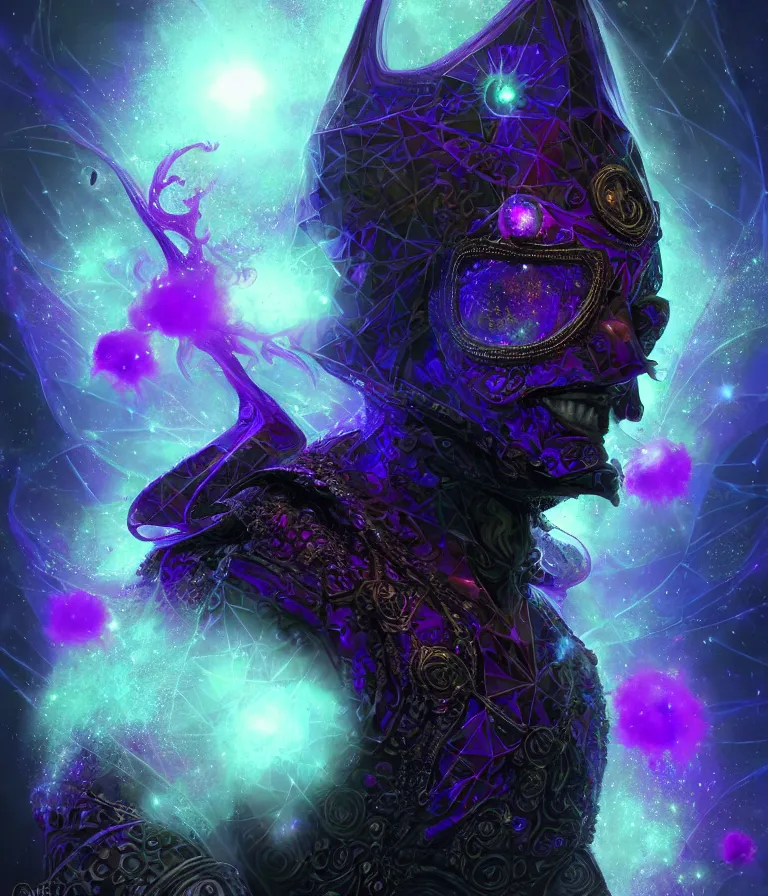 Image similar to front!!! shot of a court jester!!! character, mesmerizing fractal hypercubes, dark holography!!!, future, metallic nebula, crystalline edges, polygonal, elegant, highly detailed, centered, (((artstation, concept art, jagged, sharp focus, artgerm, Tomasz Alen Kopera, Peter Mohrbacher, donato giancola, Joseph Christian Leyendecker, WLOP, Boris Vallejo))), ((raytracing)), mugshot!!!!!, ugly!!!!!!, octane render, nvidia raytracing demo, octane render, nvidia raytracing demo, octane render, nvidia raytracing demo, 8K