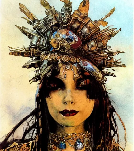 Image similar to empress of the wasteland, scrap metal headdress, beautiful! coherent! by brian froud, by frank frazetta