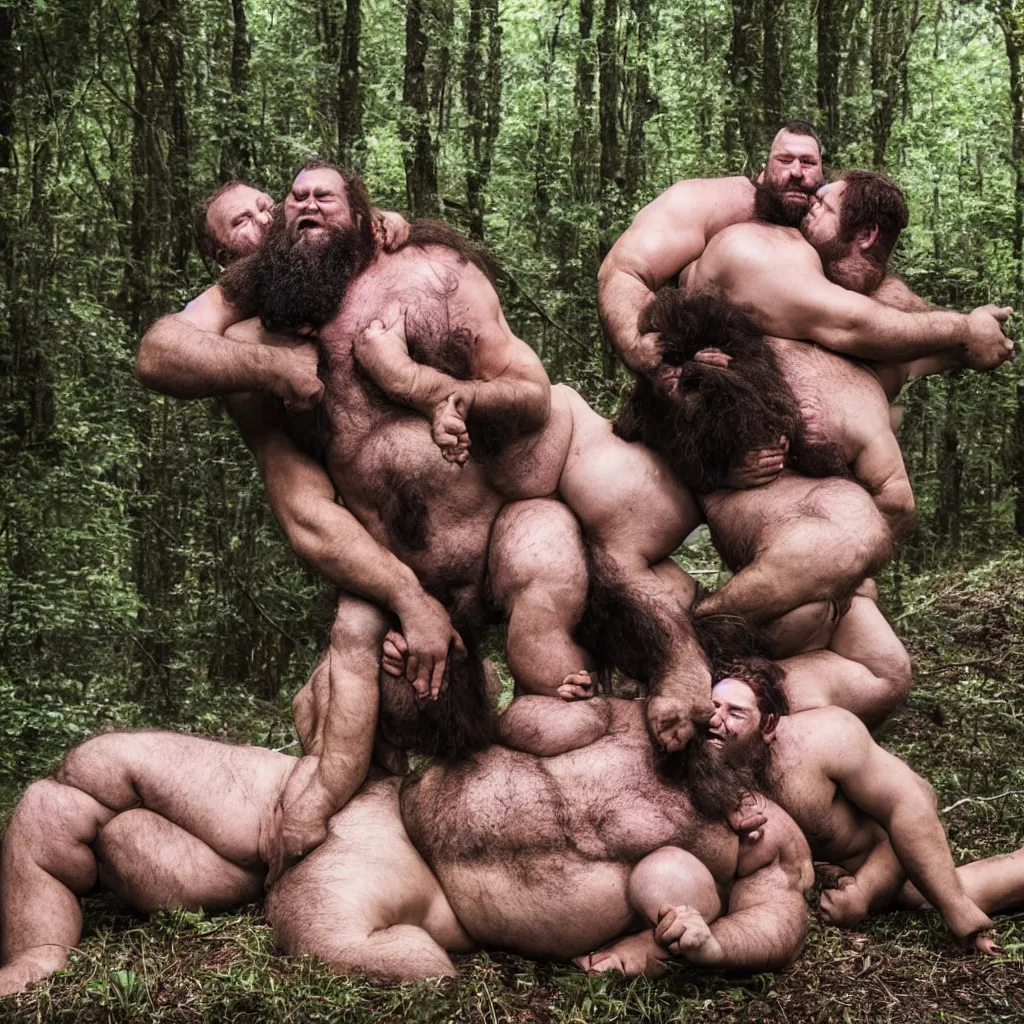 Prompt: dozens of big hairy strongmen in shorts in a forest, cuddling and kissing, photography, high details, epic, high resolution
