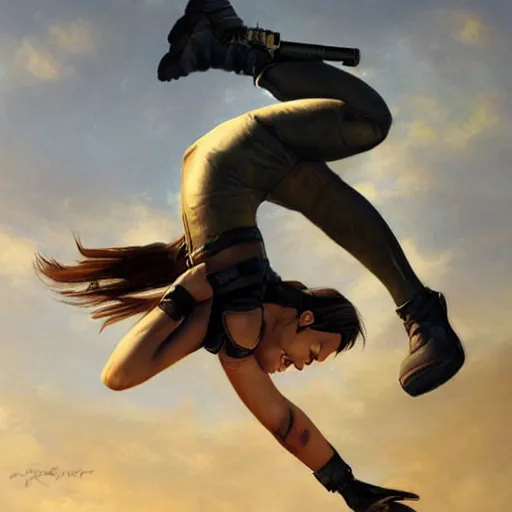 Image similar to Lara Croft doing a backflip, painted by Mark Brooks and Charlie Bowater