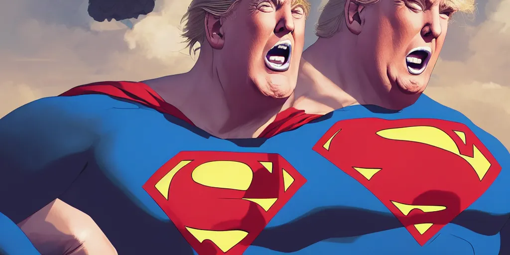 Image similar to donald trump as superman, studio portrait, detailed face, art by makoto shinkai, studio ghibli, greg rutkowski, wlop, artgerm, highly detailed, 4 k, digital art, high quality