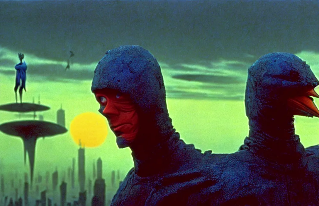 Image similar to extremely detailed portrait film shot of a birdman wearing dark ragged robes, scifi city sunrise landscape background by denis villeneuve, amano, yves tanguy, ernst haeckel, max ernst, roger dean, ridley scott, dramatic closeup composition, rich moody colours, blue eyes