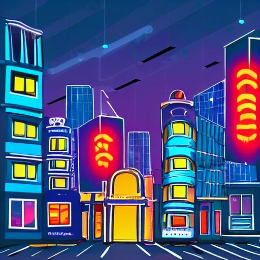 Image similar to abstract city street buildings fragments and neon signs floating, night, big moon