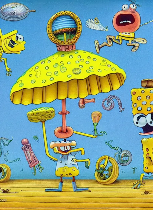 Prompt: spongebob in the style of codex seraphinianus. illustrated book, surreal