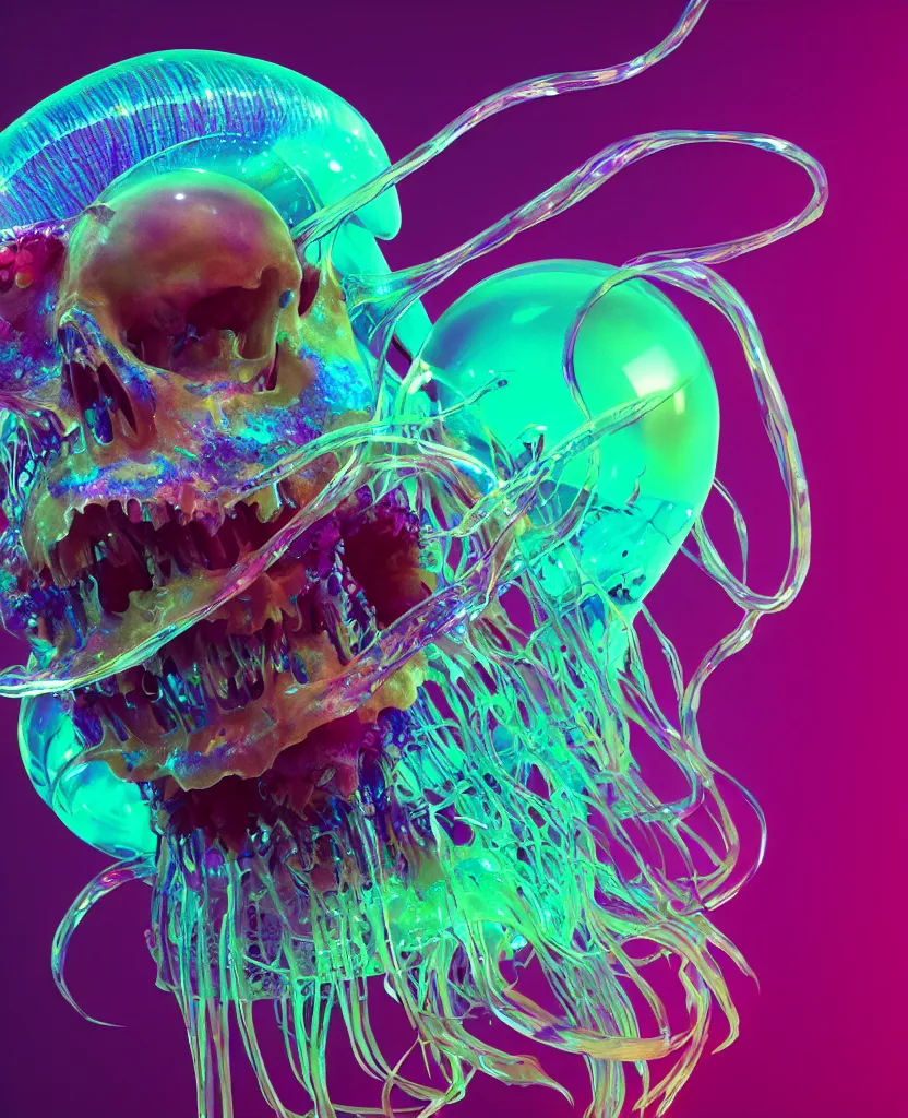 Image similar to close-up portrait of skull dichroic orchid jellyfish skull, betta fish, bioluminiscent creatures, intricate artwork by Tooth Wu and wlop and beeple. octane render, trending on artstation, greg rutkowski very coherent symmetrical artwork. cinematic, hyper realism, high detail, octane render, 8k