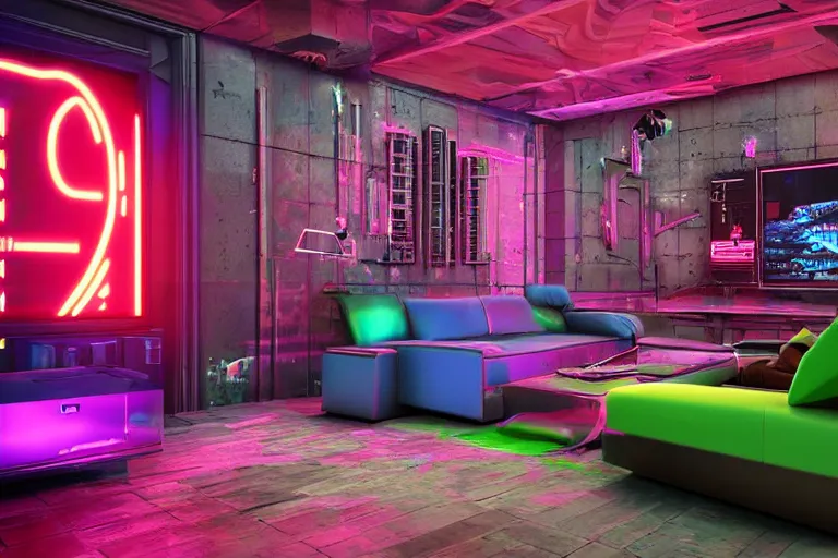 Prompt: interior photo of an amazing cyberpunk room with sofa and huge screen, photorealism, neon vibes
