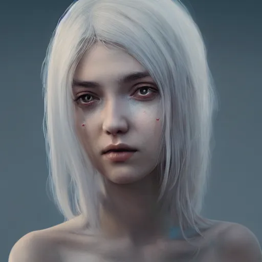 Prompt: portrait of a young female human with silver hair and light skin closed eyes fantasy artwork epic detailed and intricate digital painting trending on artstation by wlop octane render
