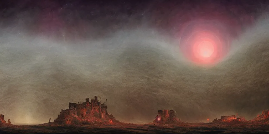 Image similar to epic landscape of ancient tombs of forgotten doom under haunting sky full of stars, uneasy landscape of barren exoplanet gliese, lakes of molten quicksilver among the ruins, inspired by beksinski, trending on artstation