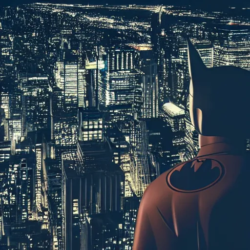 Image similar to Batman overlooking Gotham City at night, cinematic, professional photography